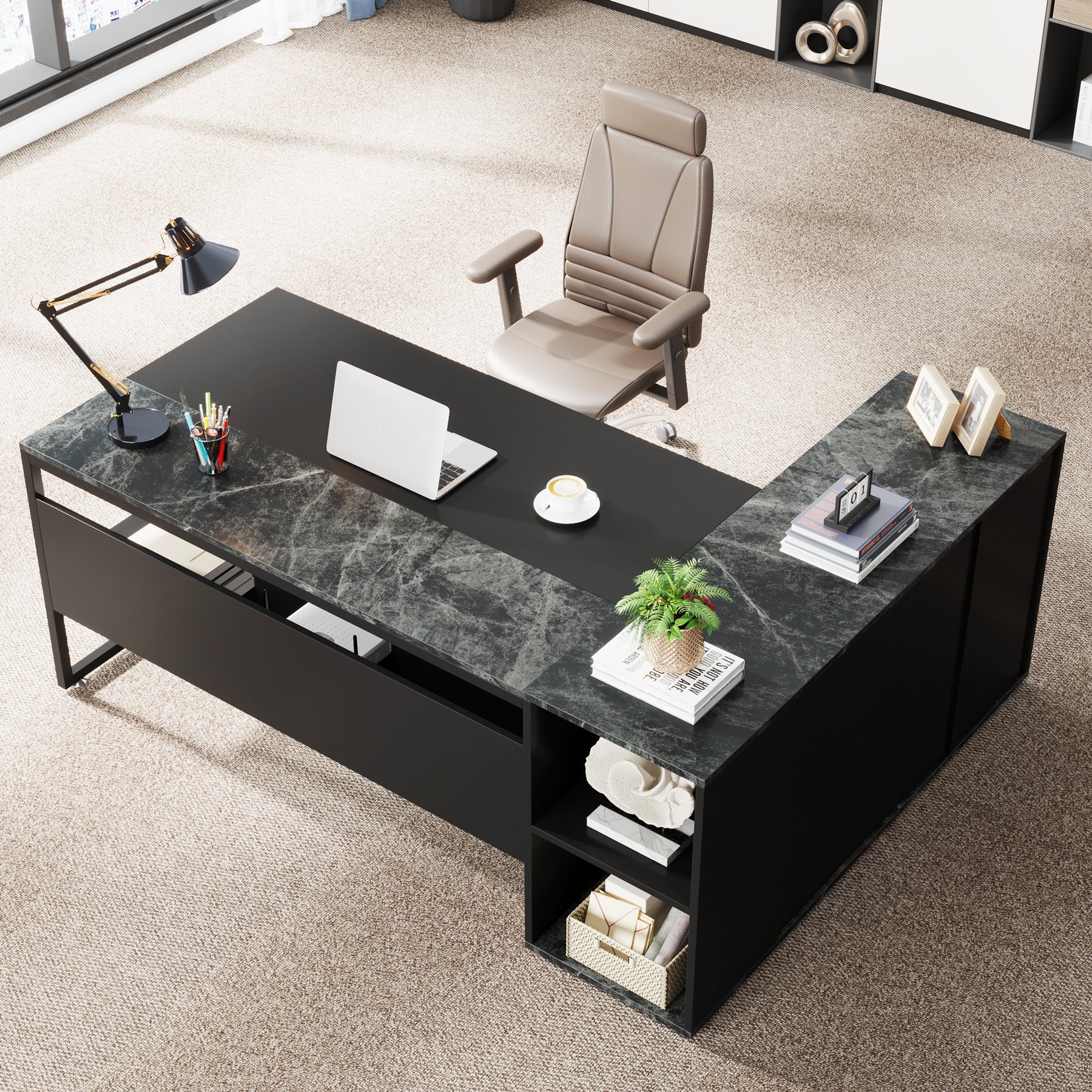 71" Executive L Shaped Computer Desk with Cabinet